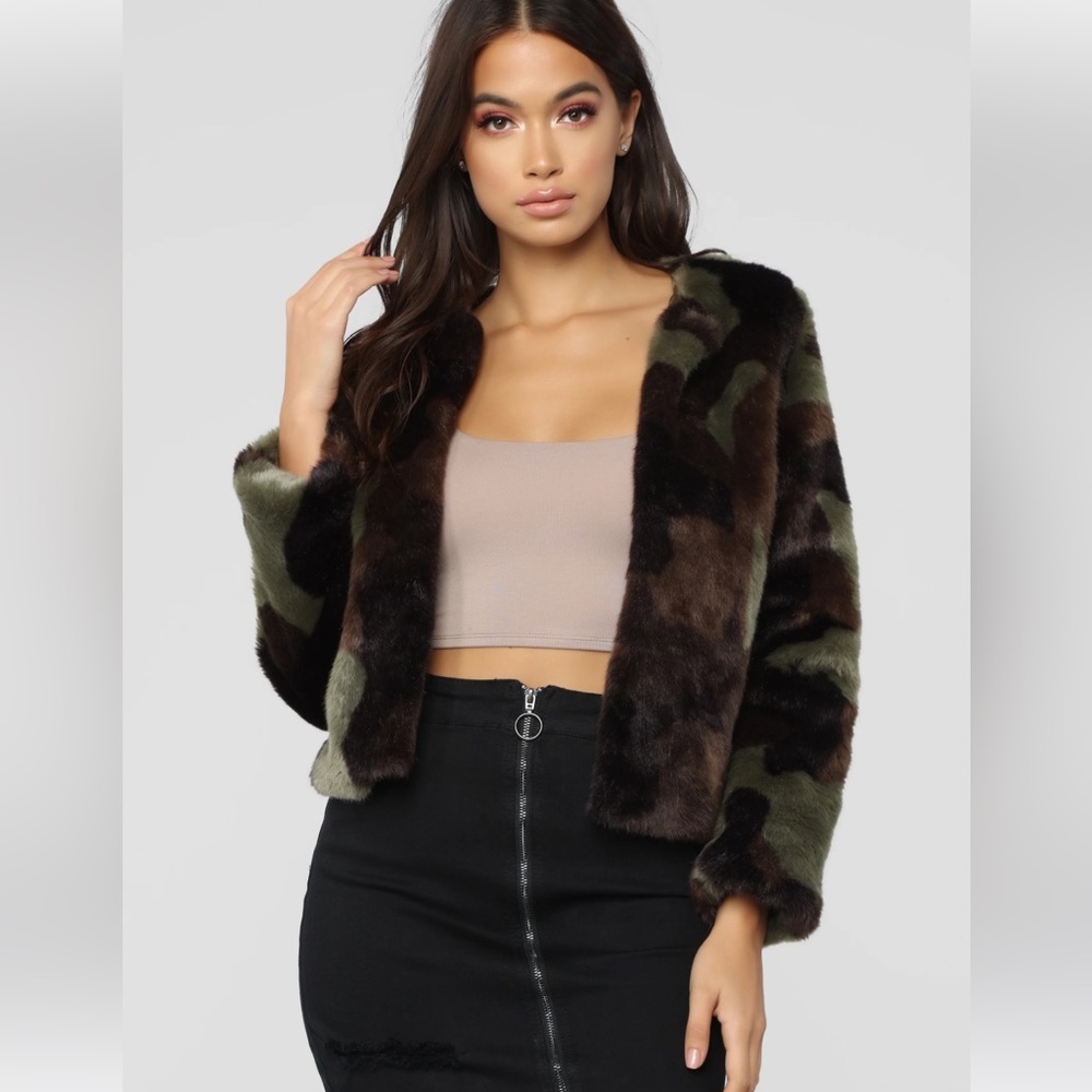Camo luxe faux fur jacket
